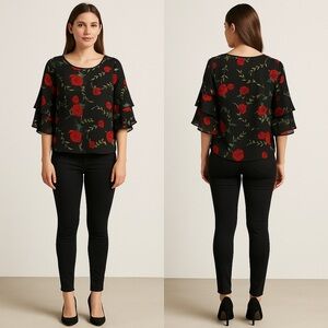 🌹 Live 4 Truth Black Floral Ruffle Sleeve Blouse size M
